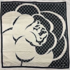Chanel CC Logo Camellia Flower Silk Scarf Black Ivory Square Wrap